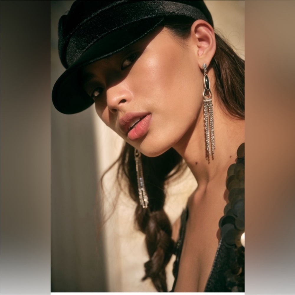 Free People The Beat Goes On Dangle Earrings silver black fringe NWT boho‎ oval